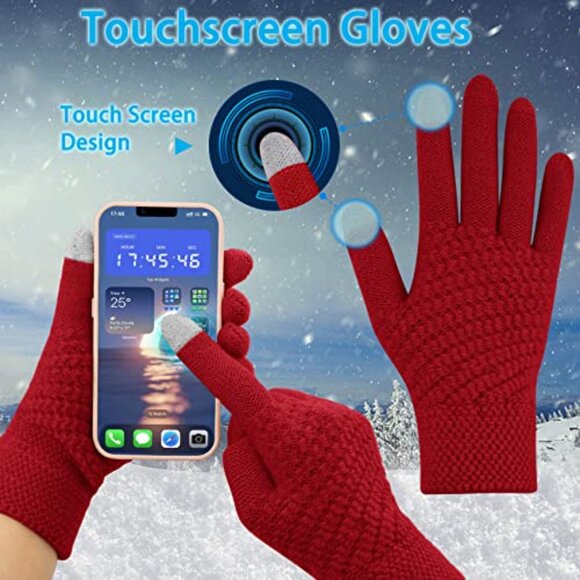 Winter Beanie Scarf Gloves Set Knit Faux Fur Ball Touch Screen Gloves main image 5